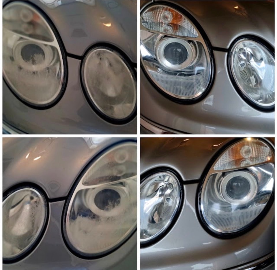 Red Ford Mustang Shelby GT500 before and after headlight restoration