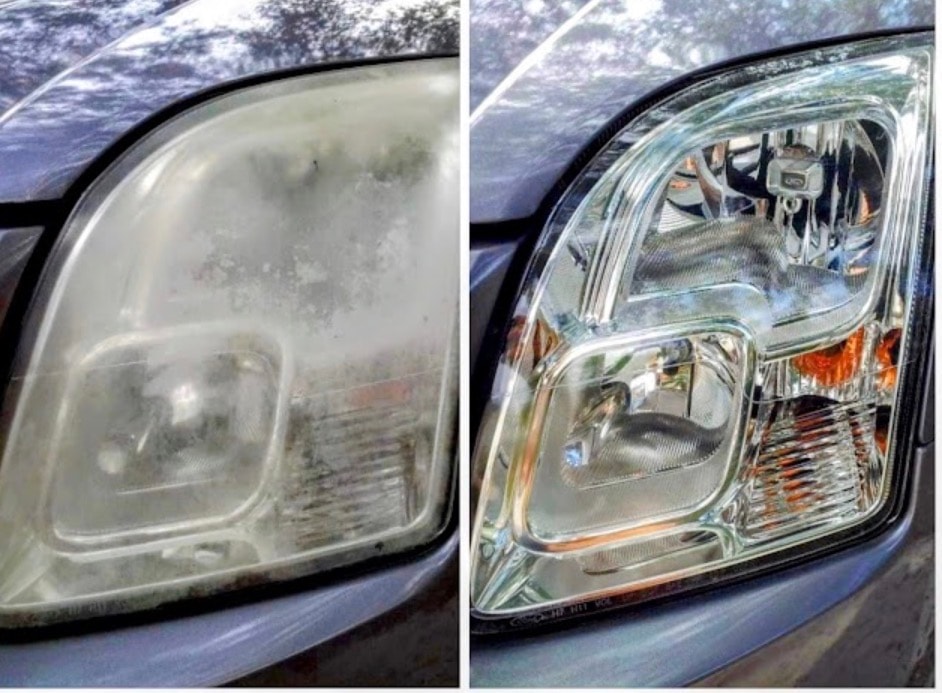 Silver vehicle headlight before and after restoration close-up