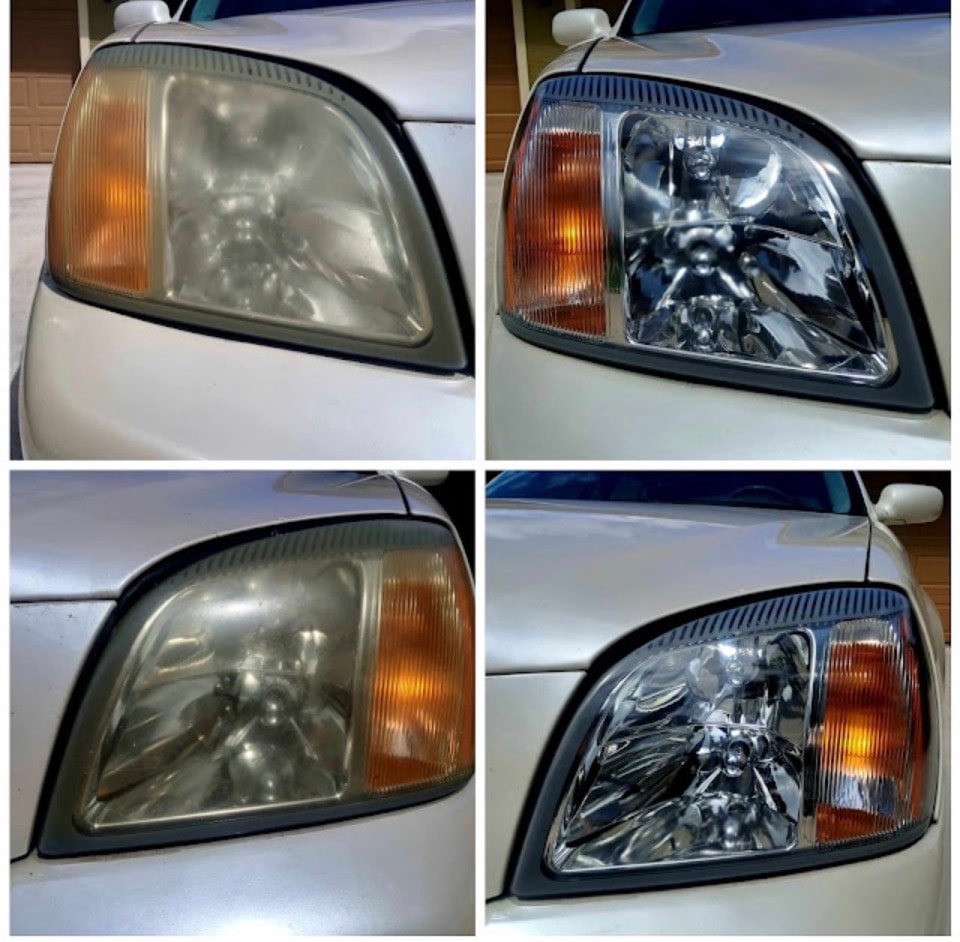 White GMC SUV headlights before and after restoration