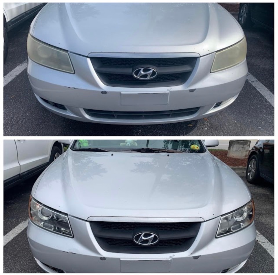 White Hyundai Sonata headlights before and after restoration