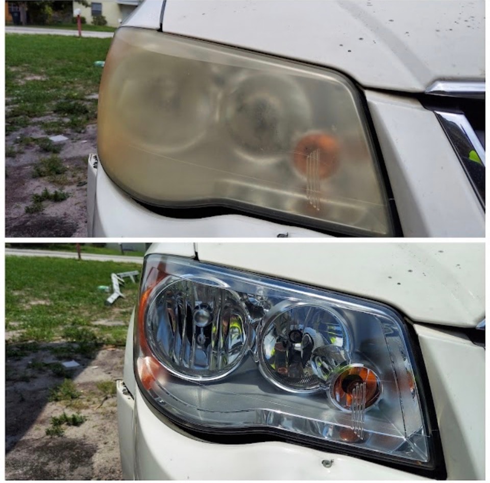 White SUV headlight before and after restoration close-up