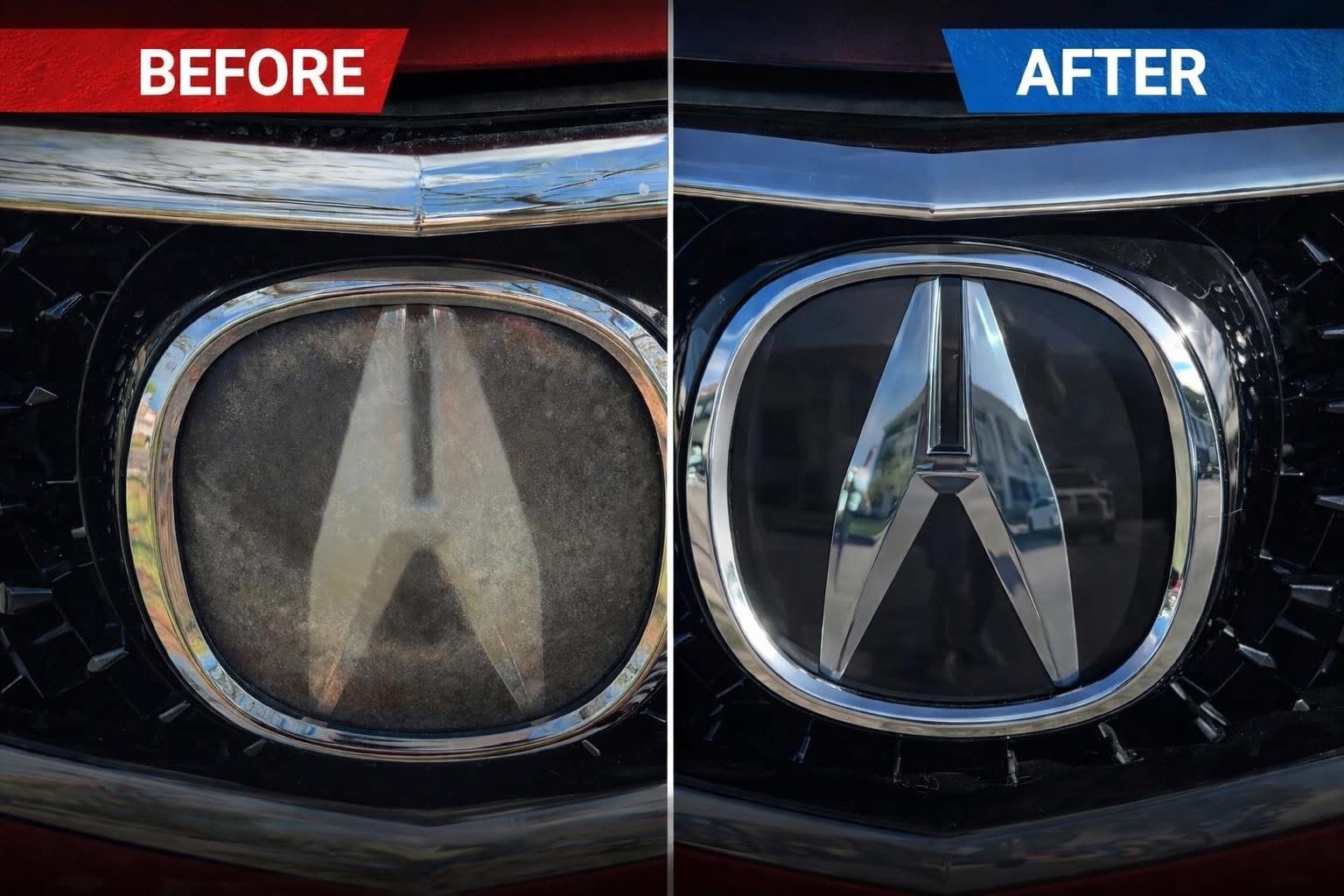 Car emblem cleaning before and after comparison